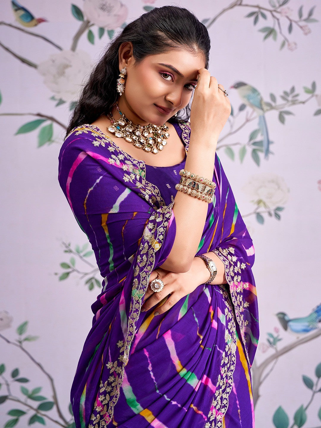 Purple Leheriya Printed Georgette Saree - Image 5