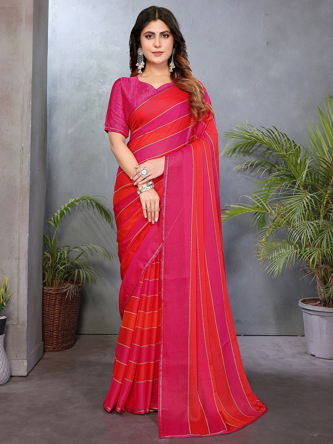 Luxurious Pink & Red Weaving Satin Saree Adorned With Swarovski Work - Image 1