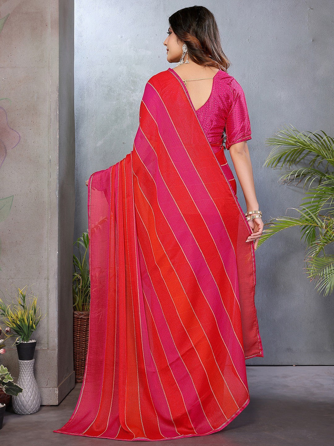 Luxurious Pink & Red Weaving Satin Saree Adorned With Swarovski Work - Image 5