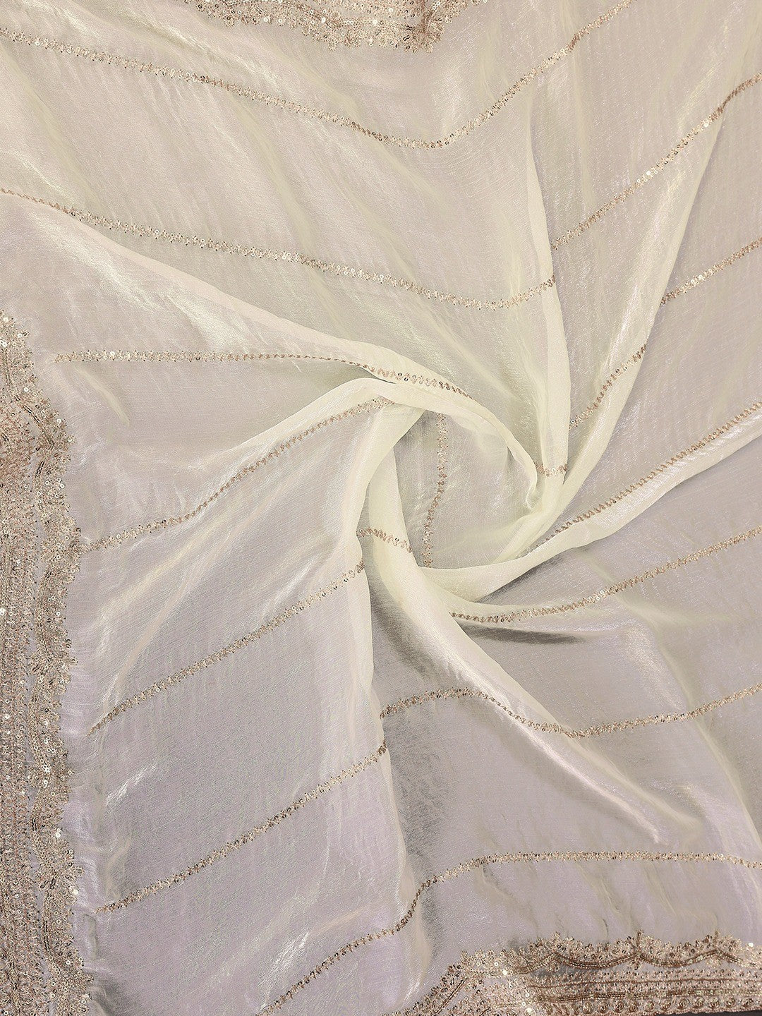 Elegant Offwhite Striped Pattern Organza Chiffon Silk Saree With Sequins Embroidery Work - Image 7