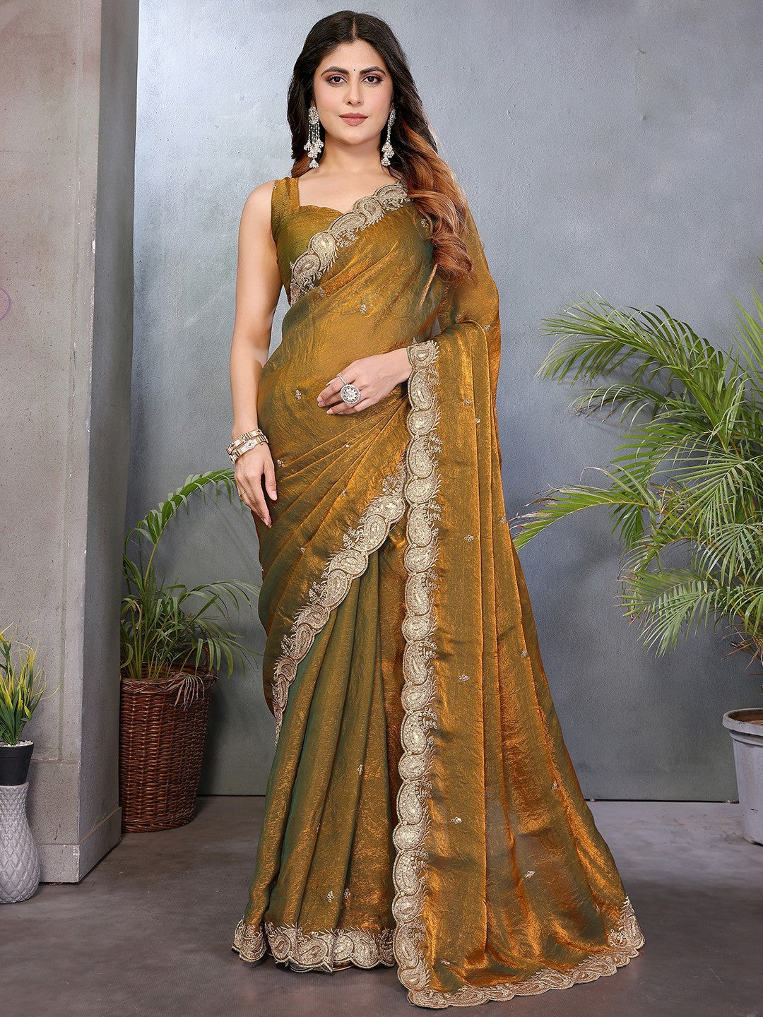 Sophisticated Copper Gold Paisley Pattern Saree Featuring Sequins Embroidery On Organza Chiffon Silk - Image 1