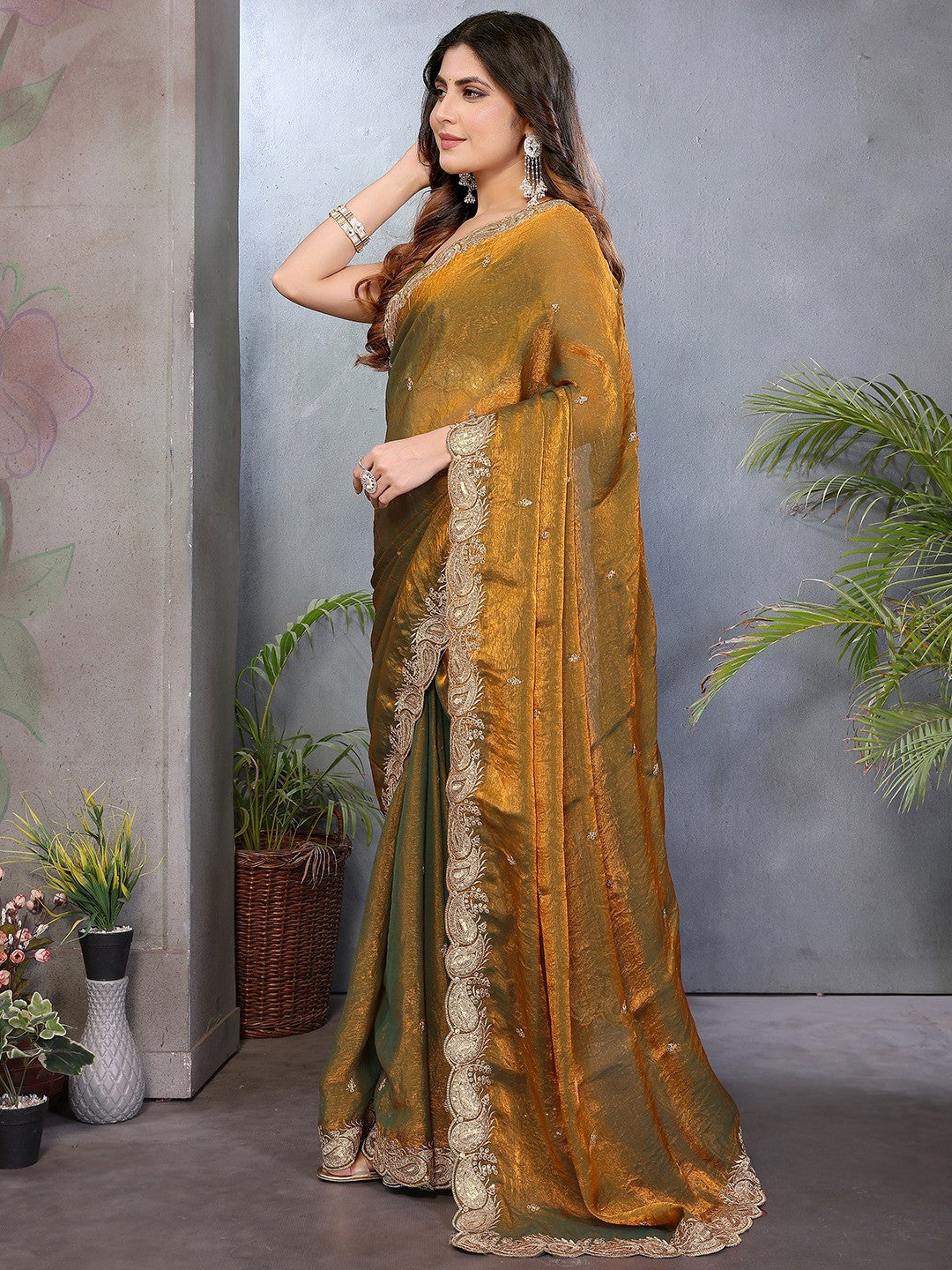 Sophisticated Copper Gold Paisley Pattern Saree Featuring Sequins Embroidery On Organza Chiffon Silk - Image 7
