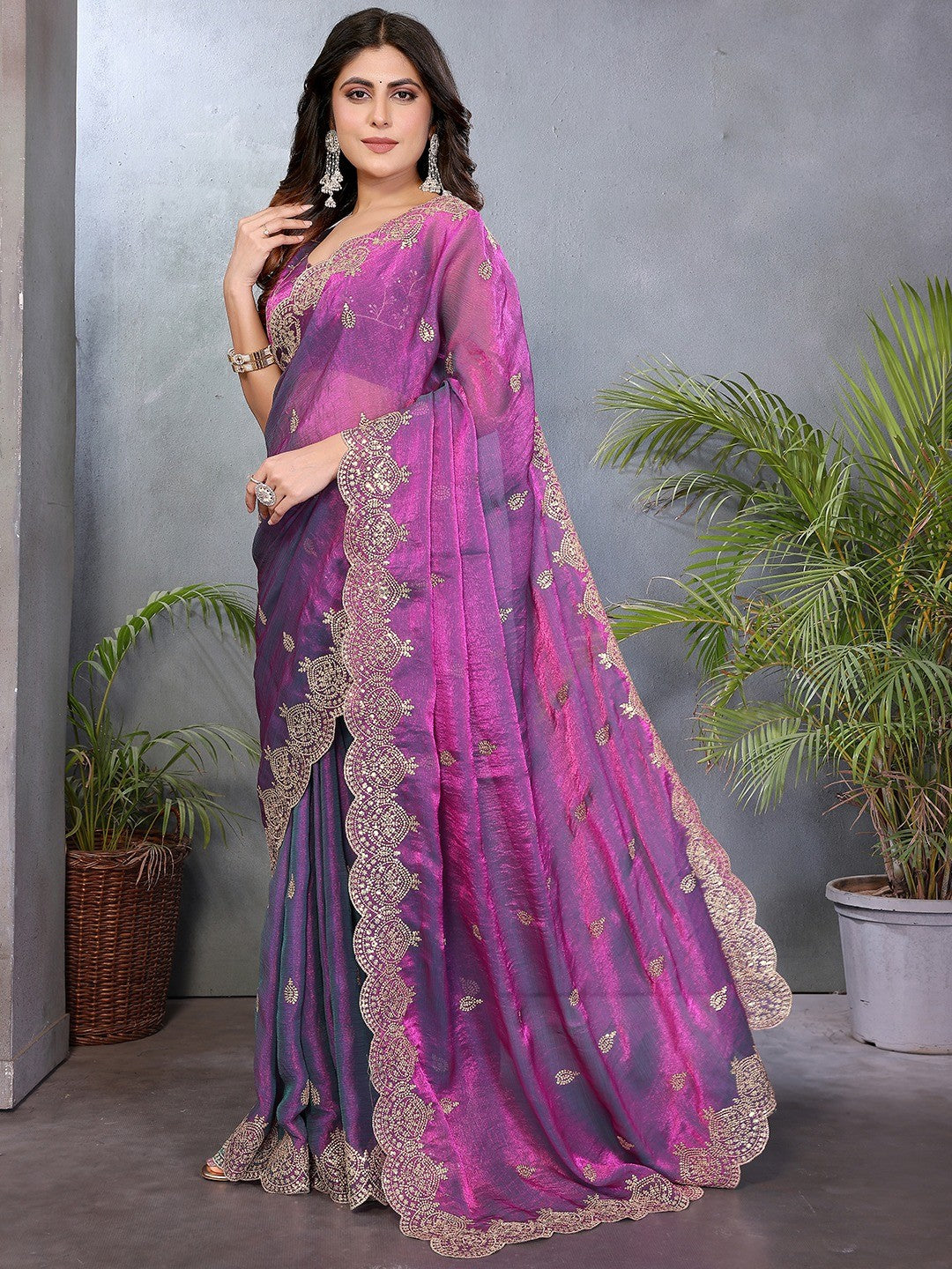 Designer Purple Sequins Embroidered Organza Chiffon Silk Saree With Luxe Finish - Image 6