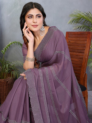 Designer Purple Star Georgette Saree Featuring Intricate Swarovski Embellishment Work - Image 2
