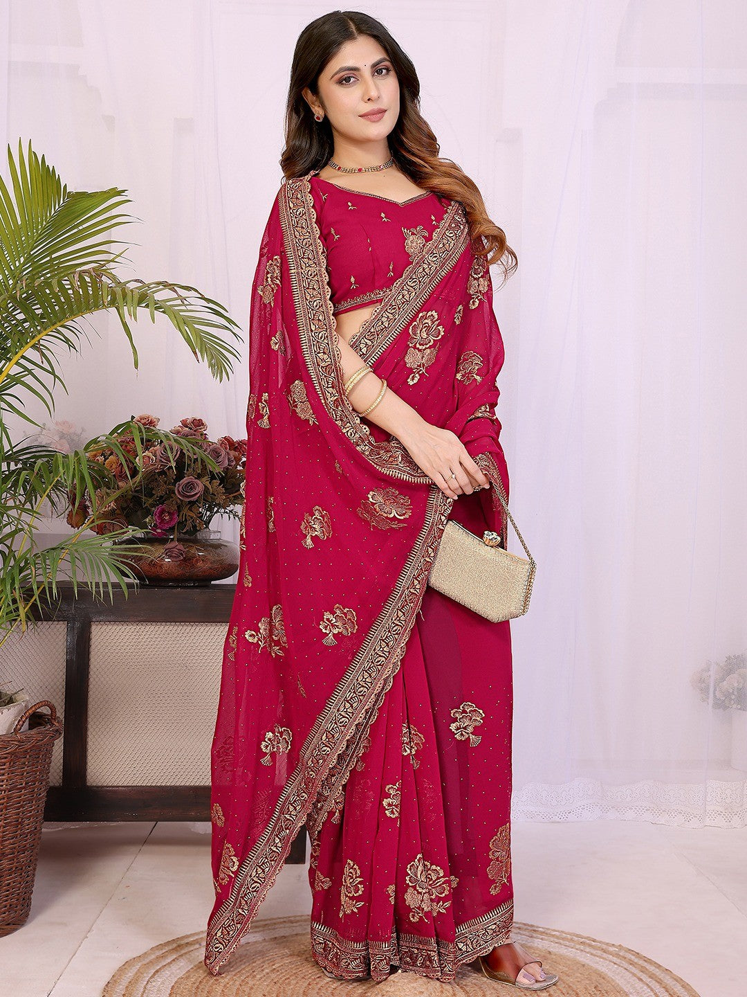 Premium Rani Pink Floral Zari Embroidered Star Georgette Saree With Sparkling Swarovski Work - Image 1