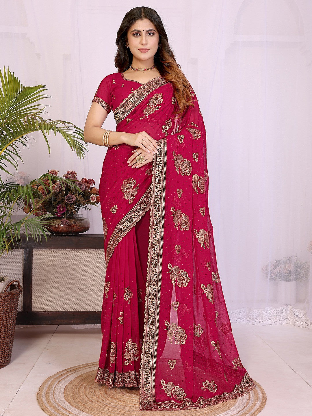 Premium Rani Pink Floral Zari Embroidered Star Georgette Saree With Sparkling Swarovski Work - Image 7