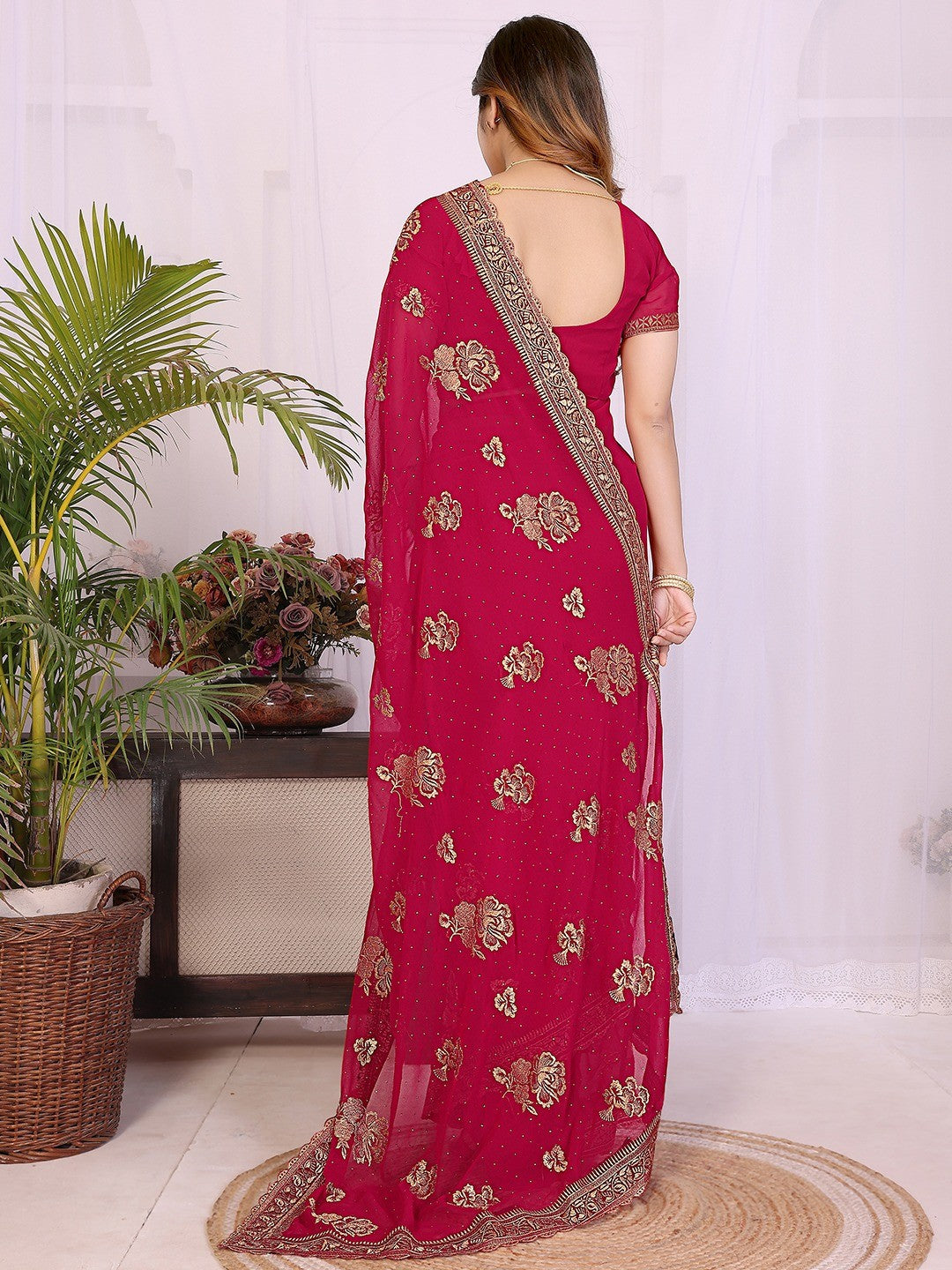 Premium Rani Pink Floral Zari Embroidered Star Georgette Saree With Sparkling Swarovski Work - Image 5