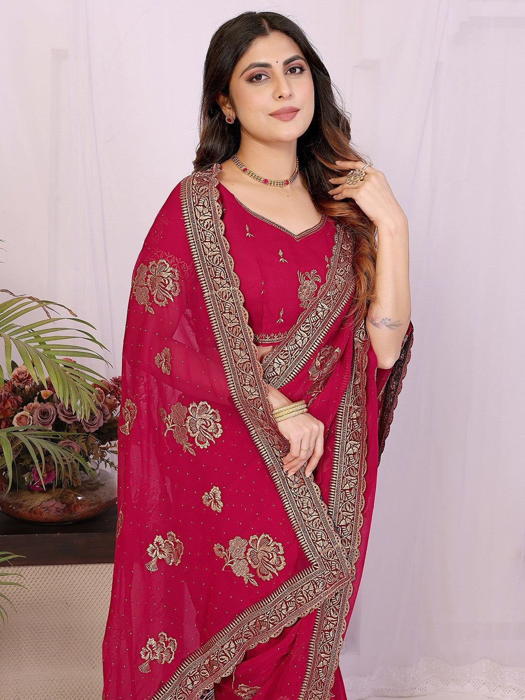 Premium Rani Pink Floral Zari Embroidered Star Georgette Saree With Sparkling Swarovski Work - Image 4