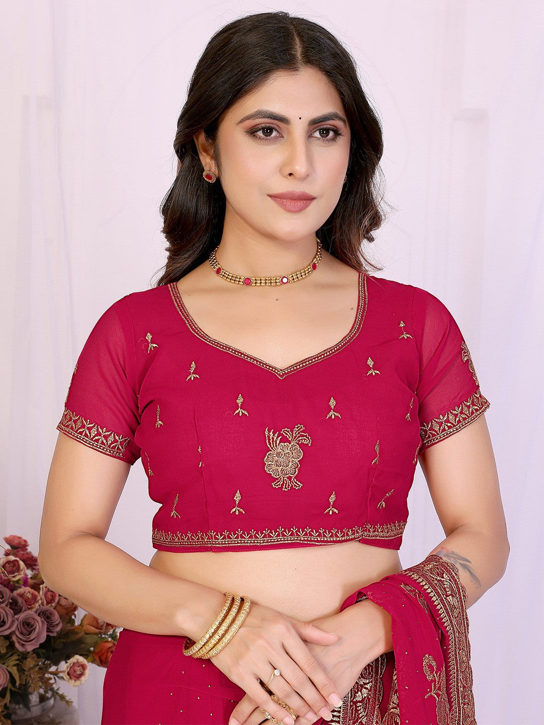 Premium Rani Pink Floral Zari Embroidered Star Georgette Saree With Sparkling Swarovski Work - Image 3