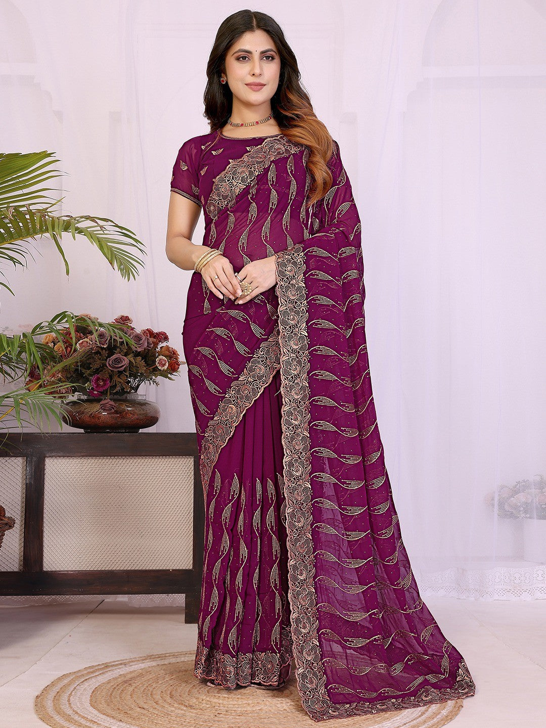 Sophisticated Wine Floral Zari Work Star Georgette Saree With Swarovski Embellishment - Image 1