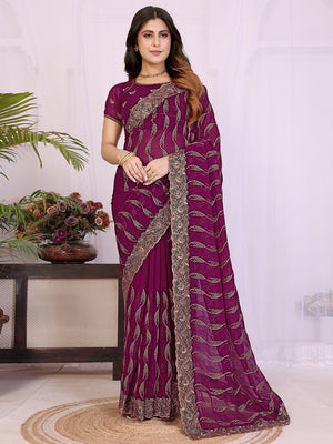 Sophisticated Wine Floral Zari Work Star Georgette Saree With Swarovski Embellishment - Image 1