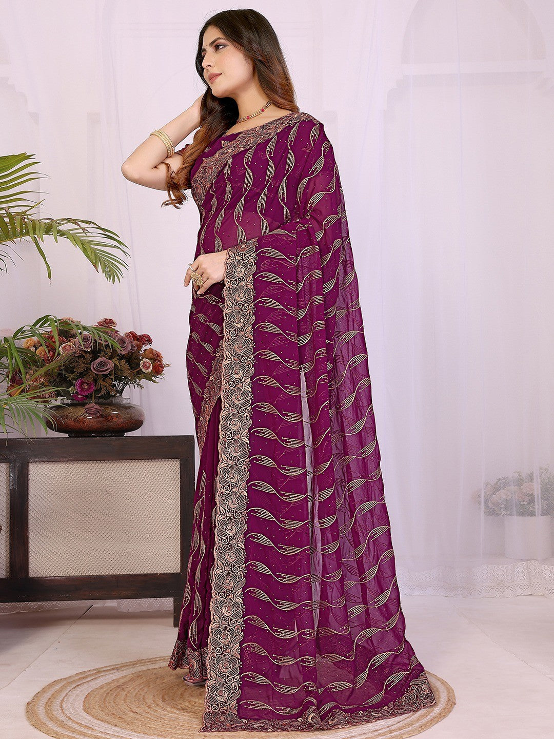 Sophisticated Wine Floral Zari Work Star Georgette Saree With Swarovski Embellishment - Image 4