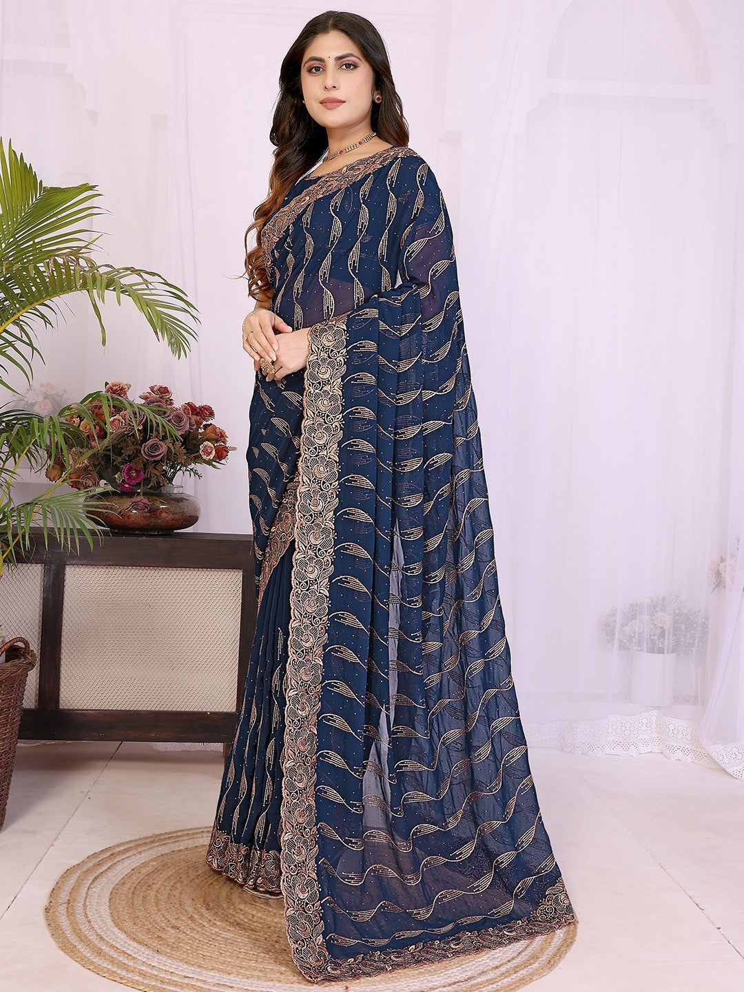 Sophisticated Navy Blue Floral Zari Work Star Georgette Saree With Swarovski Embellishment - Image 6