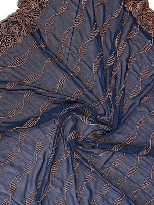 Sophisticated Navy Blue Floral Zari Work Star Georgette Saree With Swarovski Embellishment - Image 2