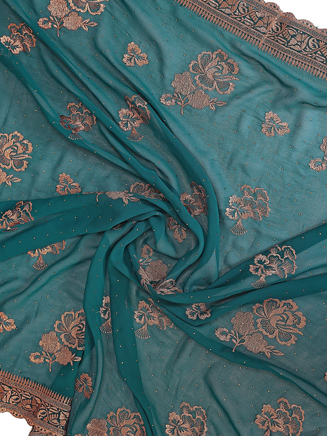 Premium Rama Green Floral Zari Embroidered Star Georgette Saree With Sparkling Swarovski Work - Image 2