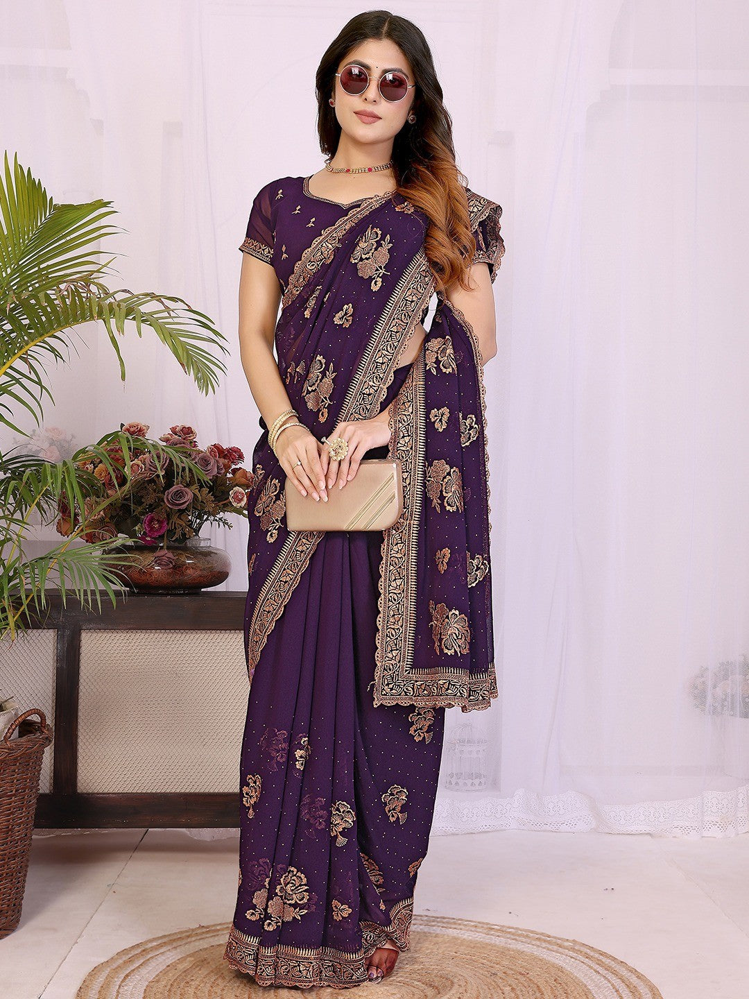 Premium Purple Floral Zari Embroidered Star Georgette Saree With Sparkling Swarovski Work - Image 1