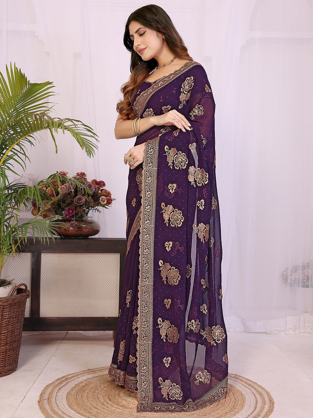 Premium Purple Floral Zari Embroidered Star Georgette Saree With Sparkling Swarovski Work - Image 7