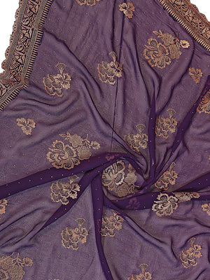 Premium Purple Floral Zari Embroidered Star Georgette Saree With Sparkling Swarovski Work - Image 2