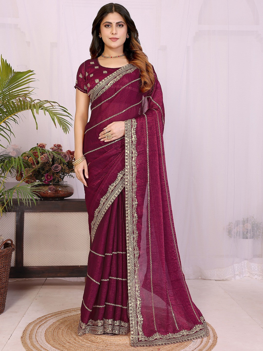 Elegant Wine Striped Pattern Organza Chiffon Silk Saree With Sequins Embroidery Work - Image 1
