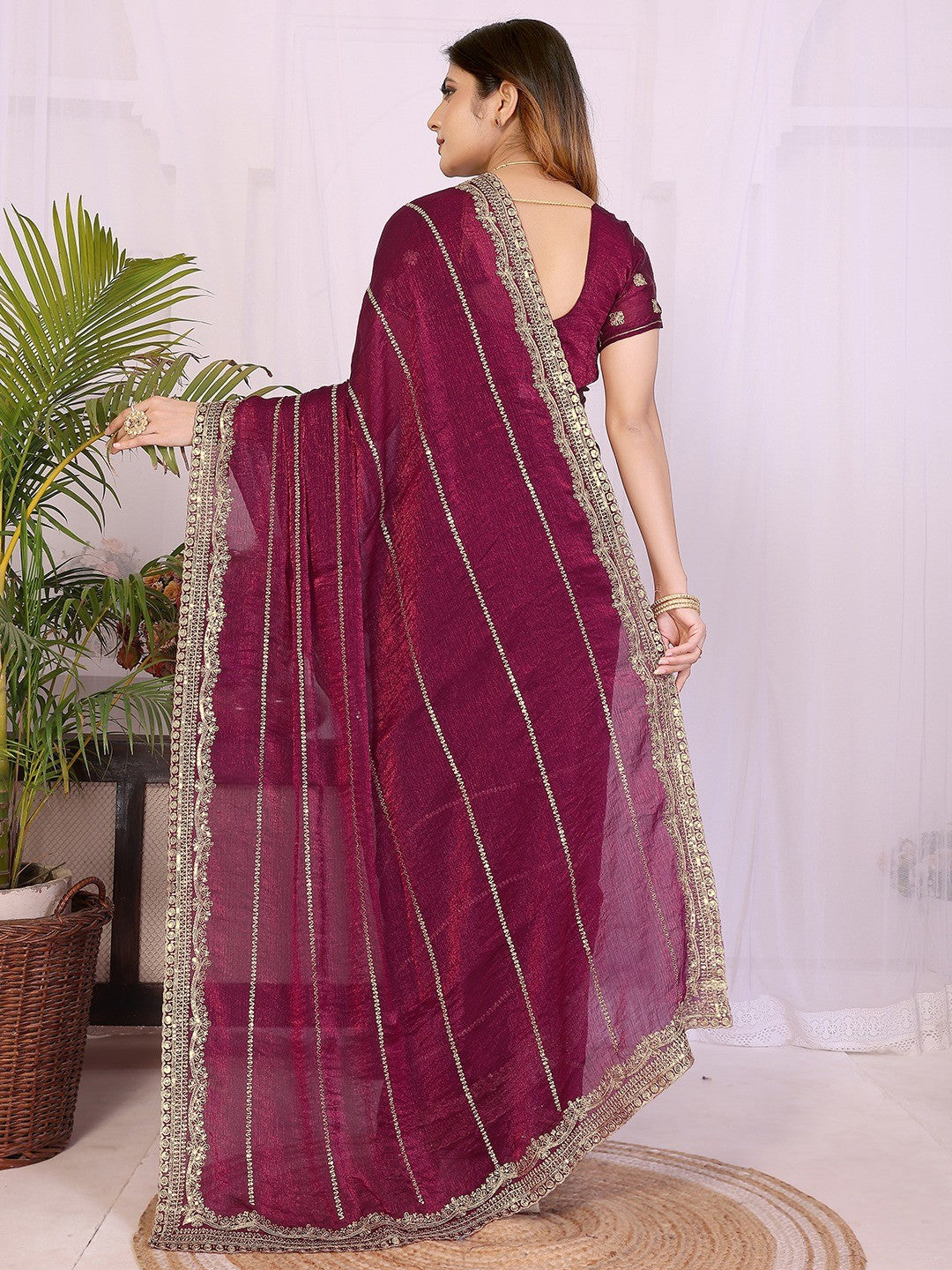 Elegant Wine Striped Pattern Organza Chiffon Silk Saree With Sequins Embroidery Work - Image 5