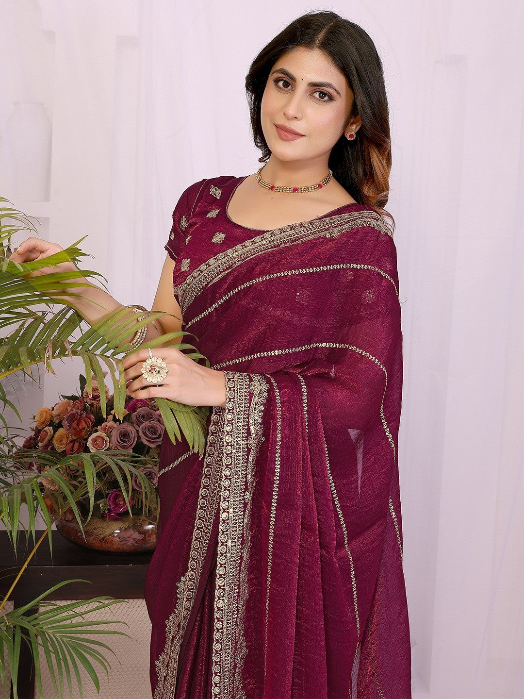 Elegant Wine Striped Pattern Organza Chiffon Silk Saree With Sequins Embroidery Work - Image 4