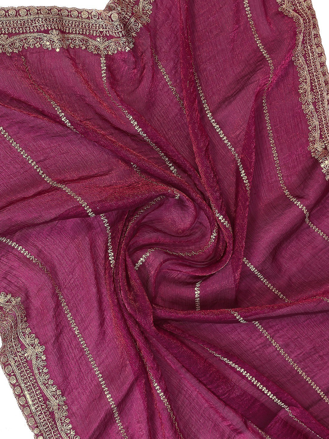 Elegant Wine Striped Pattern Organza Chiffon Silk Saree With Sequins Embroidery Work - Image 2