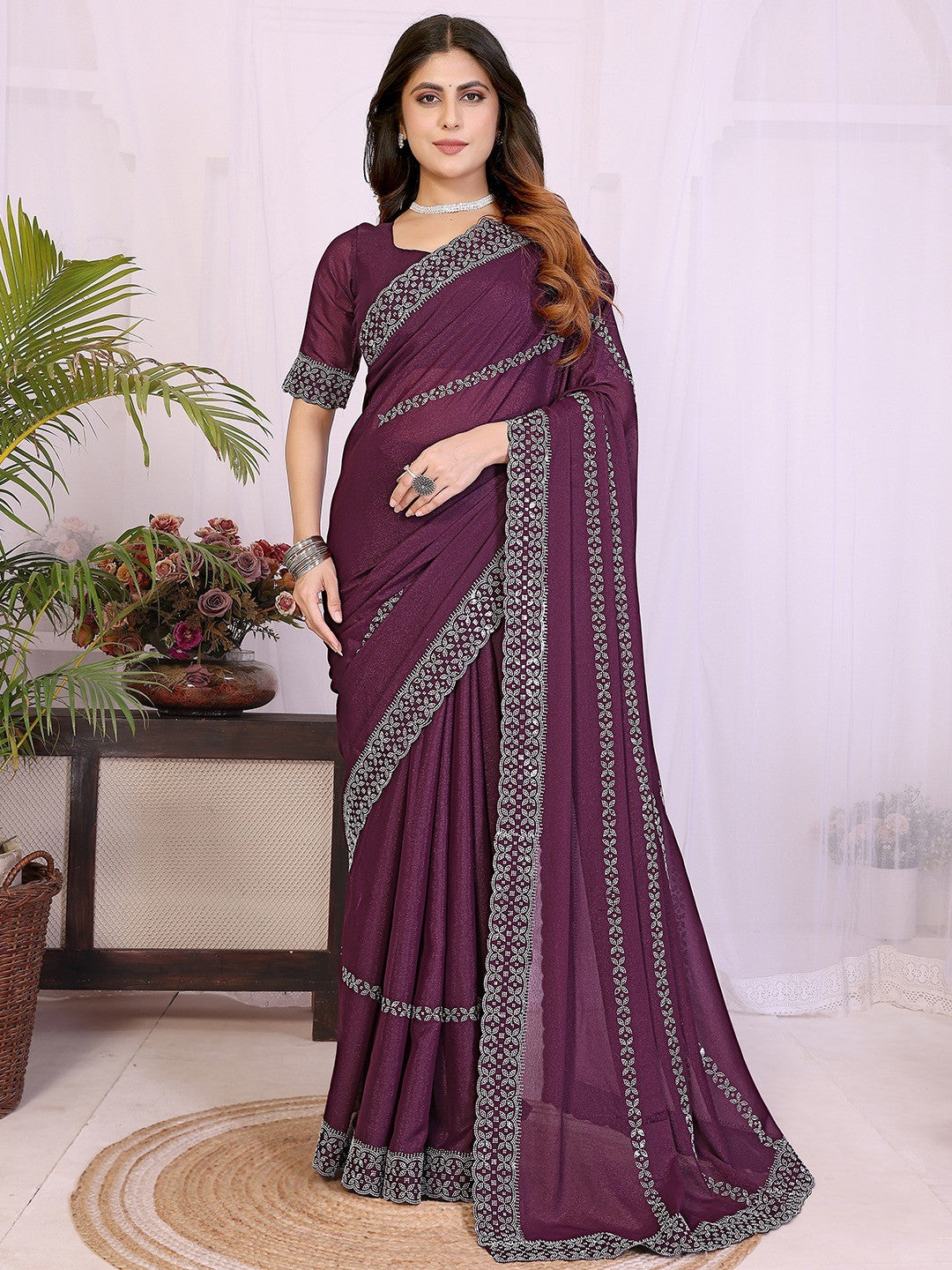 Timeless Wine Star Georgette Saree With Sparkling Swarovski Embellishment Work - Image 6