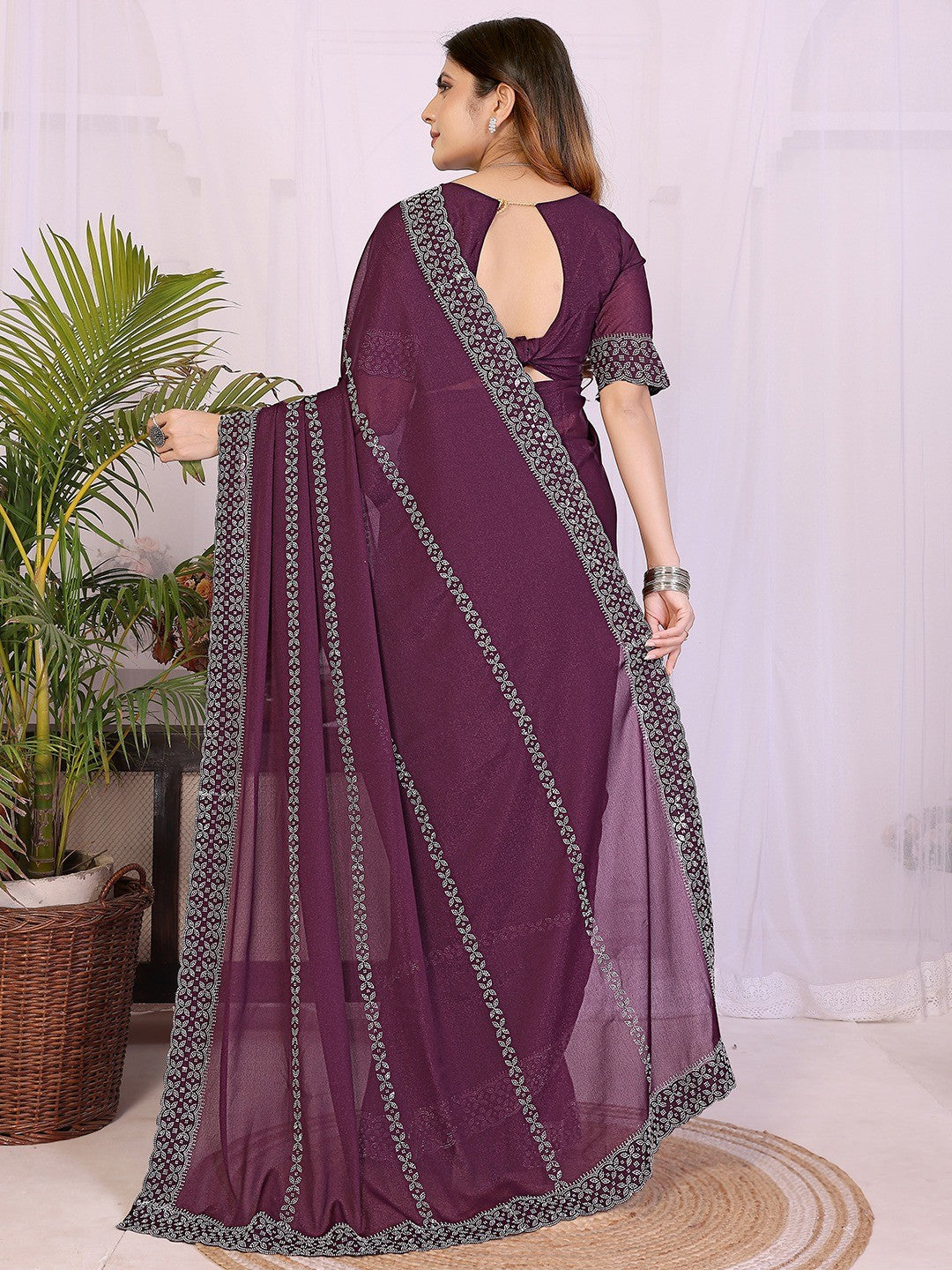 Timeless Wine Star Georgette Saree With Sparkling Swarovski Embellishment Work - Image 5