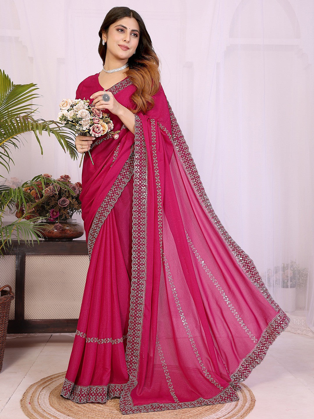 Timeless Rani Pink Star Georgette Saree With Sparkling Swarovski Embellishment Work - Image 1