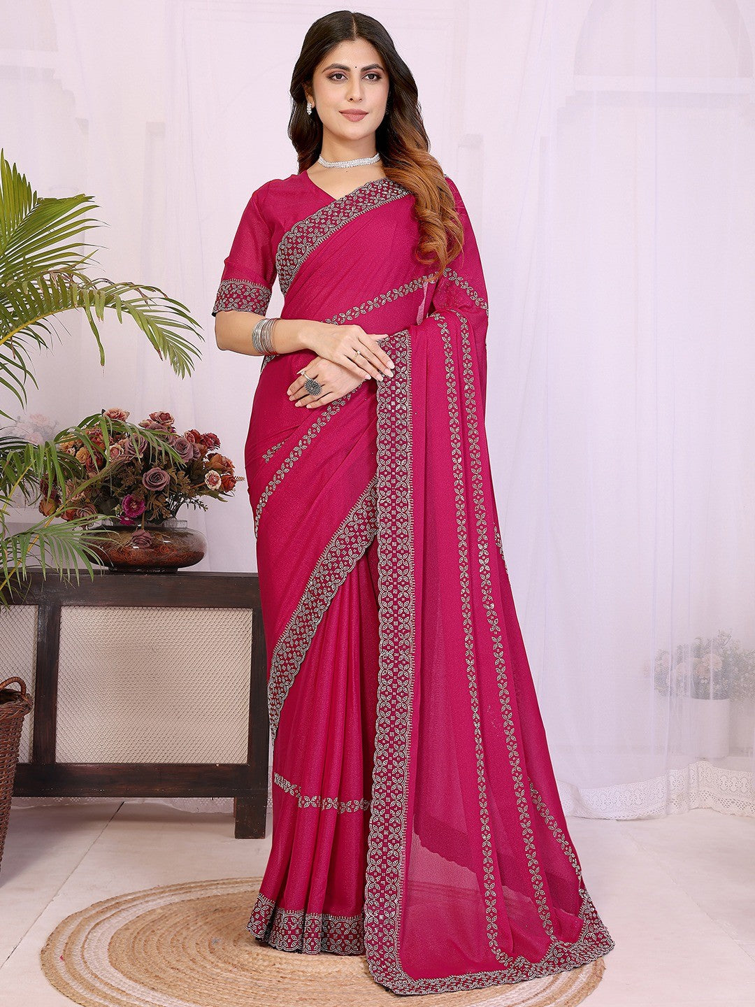 Timeless Rani Pink Star Georgette Saree With Sparkling Swarovski Embellishment Work - Image 7