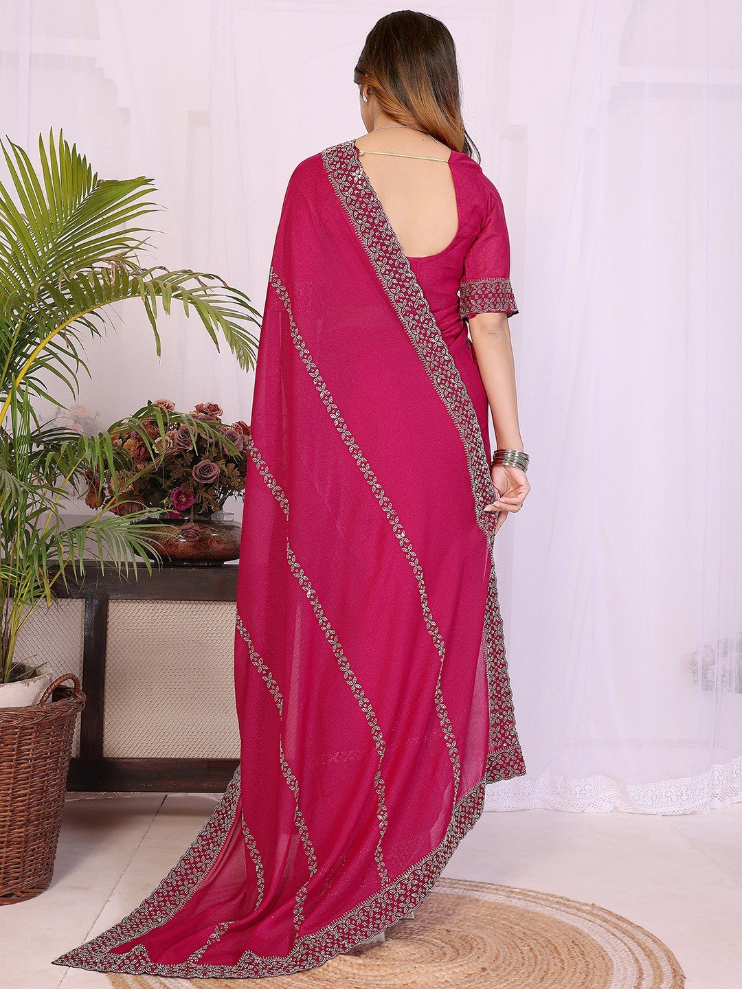 Timeless Rani Pink Star Georgette Saree With Sparkling Swarovski Embellishment Work - Image 5