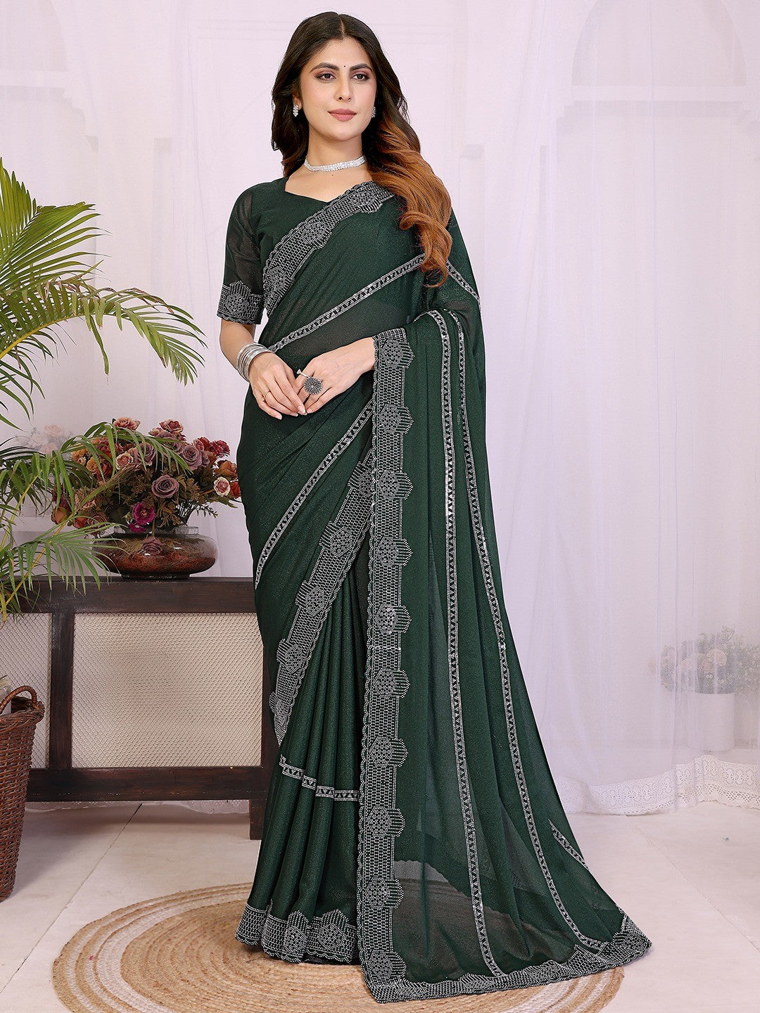 Designer Bottle Green Star Georgette Saree Featuring Intricate Swarovski Embellishment With Unstitched Blouse Peice - Image 1