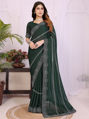 Designer Bottle Green Star Georgette Saree Featuring Intricate Swarovski Embellishment With Unstitched Blouse Peice - Image 1