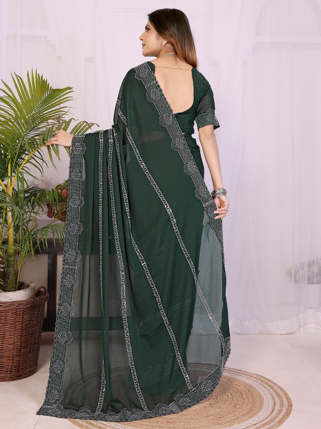 Designer Bottle Green Star Georgette Saree Featuring Intricate Swarovski Embellishment With Unstitched Blouse Peice - Image 6