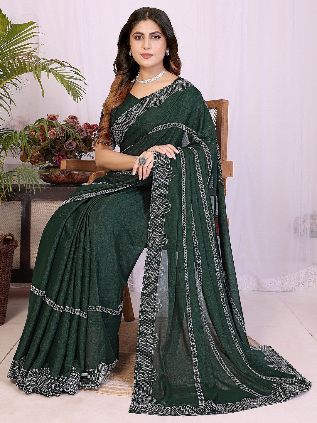 Designer Bottle Green Star Georgette Saree Featuring Intricate Swarovski Embellishment With Unstitched Blouse Peice - Image 5