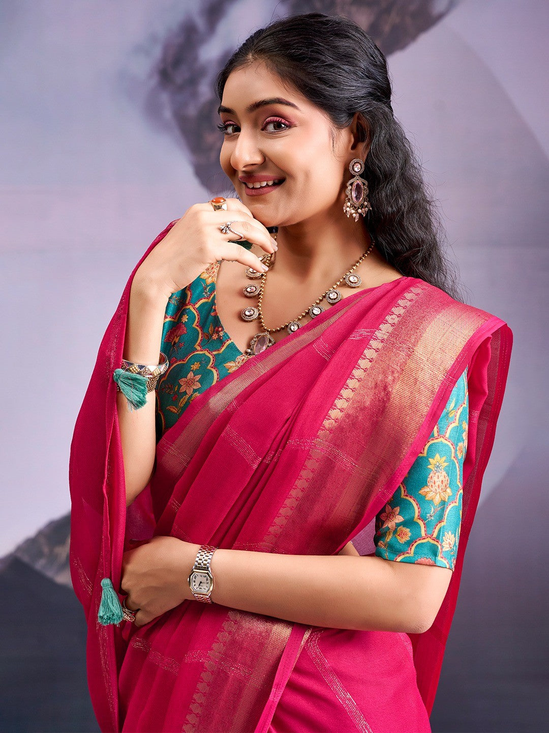 Charming Pink Striped Zari Woven Georgette Saree With Graceful Tassel Finish - Image 2