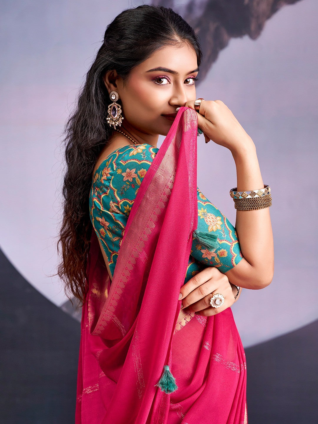 Charming Pink Striped Zari Woven Georgette Saree With Graceful Tassel Finish - Image 3