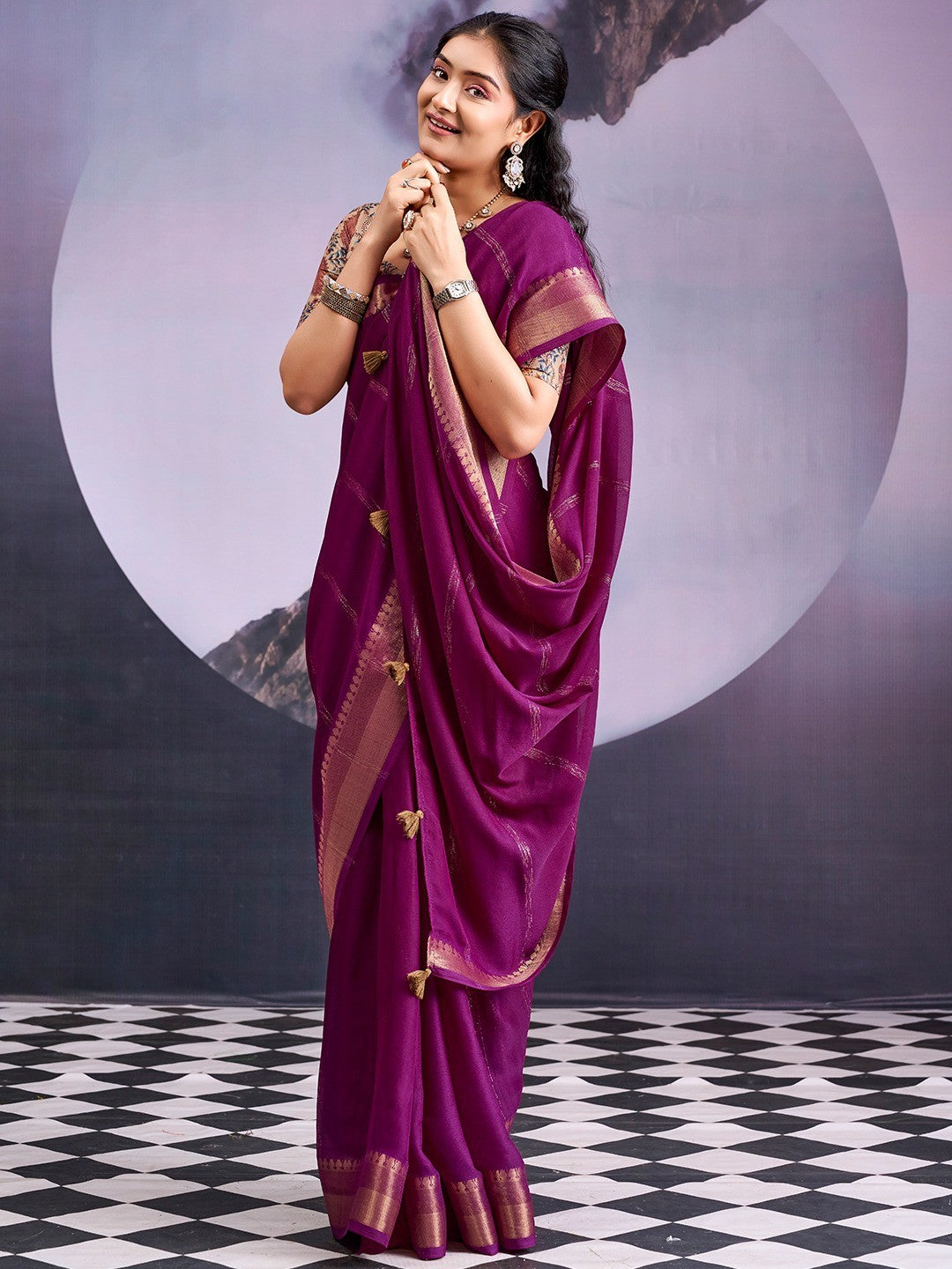 Charming Wine Striped Zari Woven Georgette Saree With Graceful Tassel Finish - Image 3