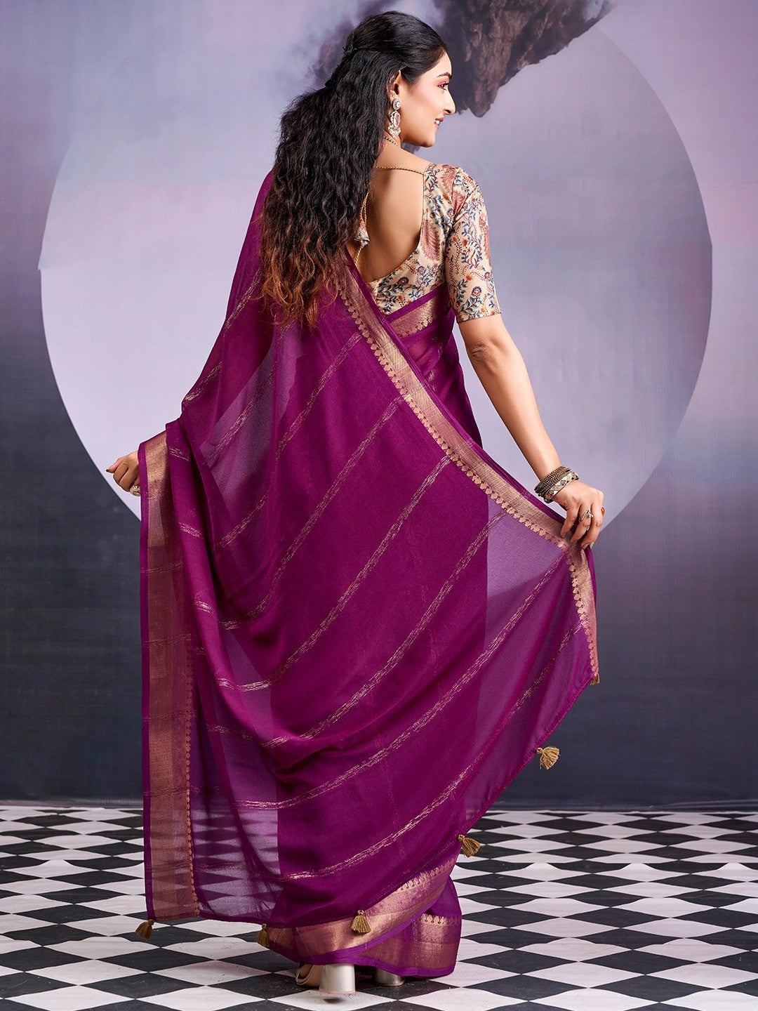 Charming Wine Striped Zari Woven Georgette Saree With Graceful Tassel Finish - Image 4