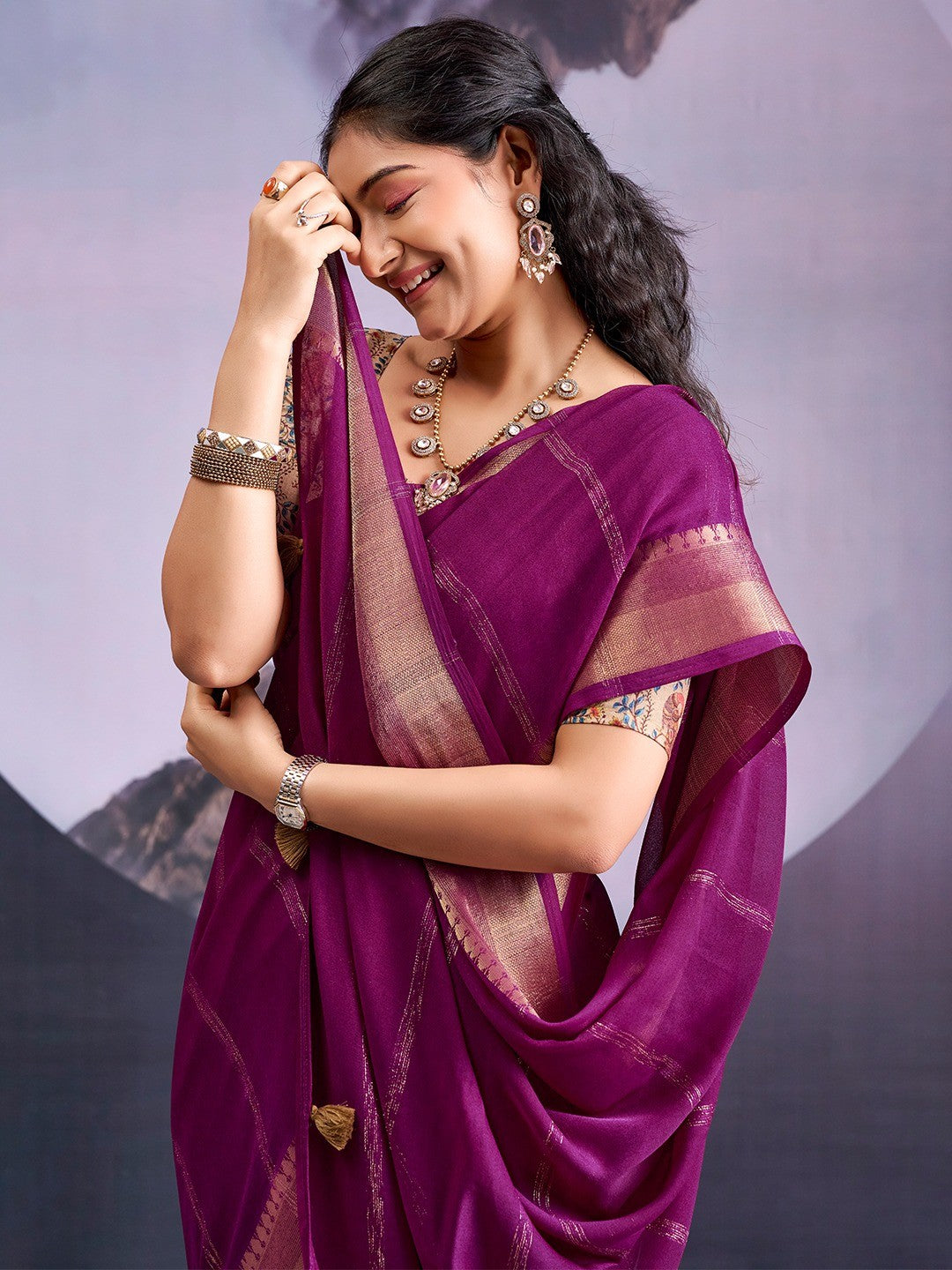 Charming Wine Striped Zari Woven Georgette Saree With Graceful Tassel Finish - Image 5