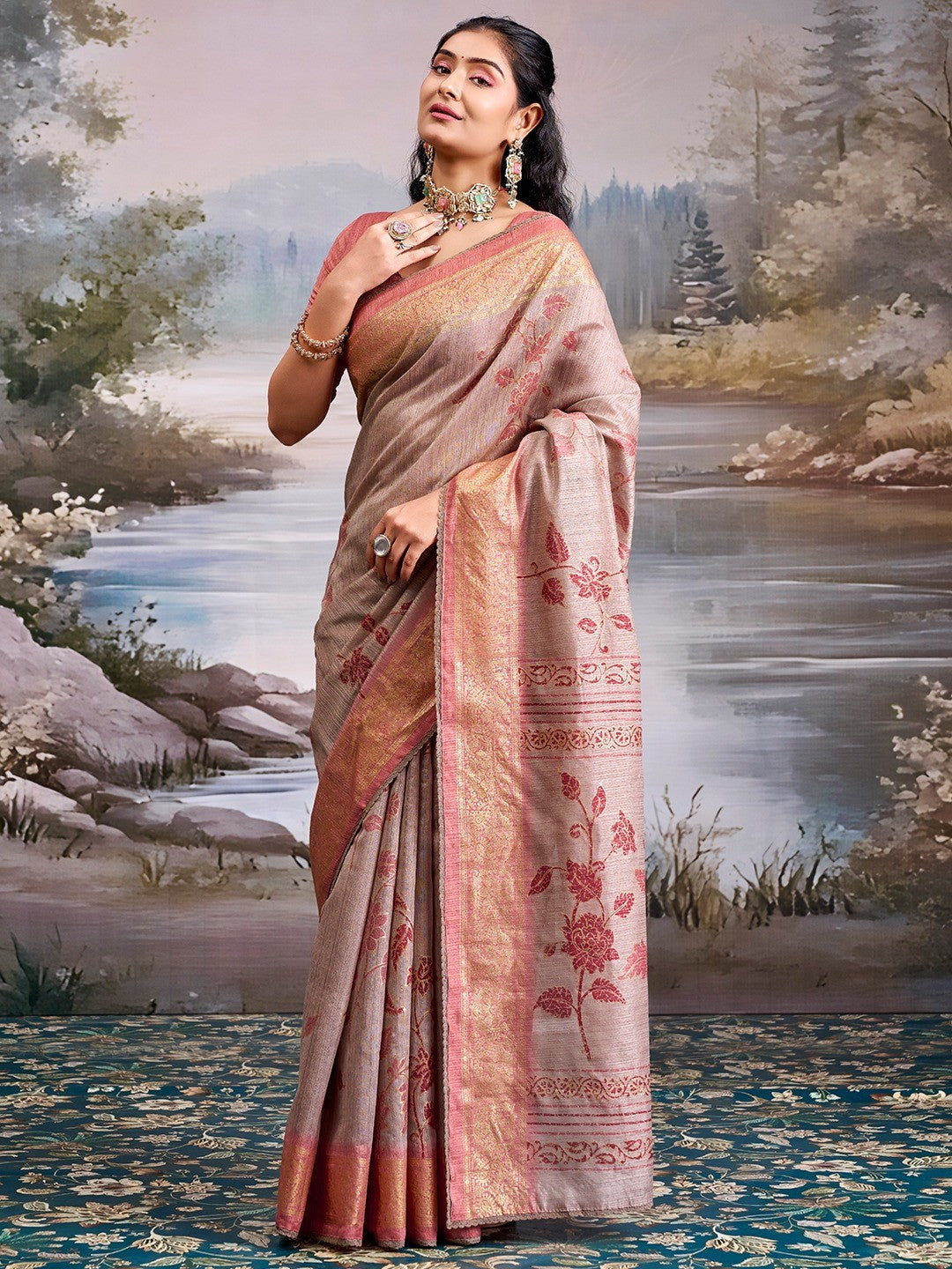 Beautiful Beige Cotton Silk Saree with Floral Elegance and Traditional Zari Border - Image 6