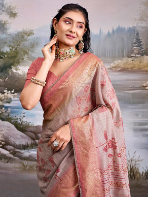 Beautiful Beige Cotton Silk Saree with Floral Elegance and Traditional Zari Border - Image 2