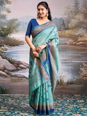 Beautiful Sea Green Cotton Silk Saree with Floral Elegance and Traditional Zari Border - Image 1