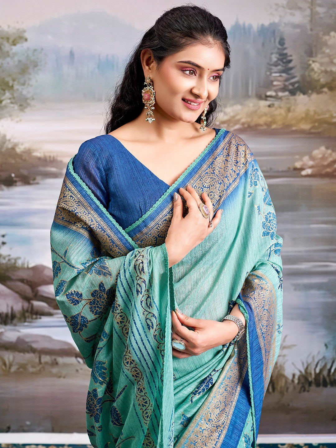 Beautiful Sea Green Cotton Silk Saree with Floral Elegance and Traditional Zari Border - Image 5