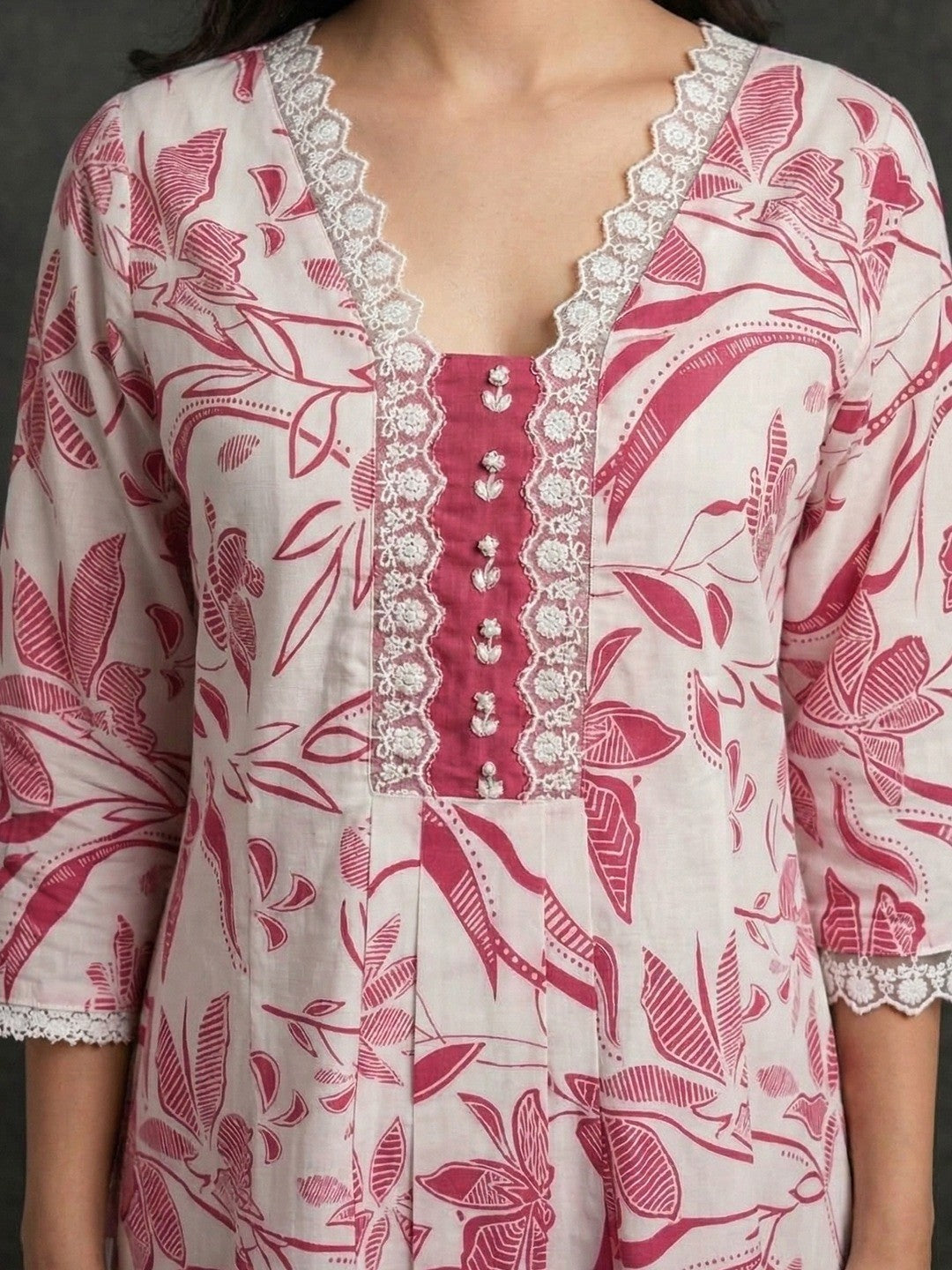 White & Pink Pure Cotton Salwar Suit with Floral Print and Straight Cut with Dupatta - Image 4