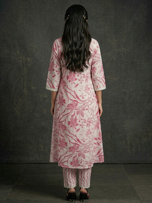 White & Pink Pure Cotton Salwar Suit with Floral Print and Straight Cut with Dupatta - Image 2