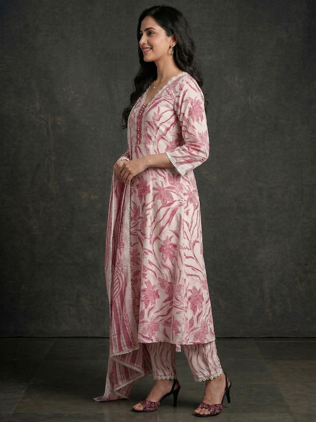 White & Pink Pure Cotton Salwar Suit with Floral Print and Straight Cut with Dupatta - Image 3