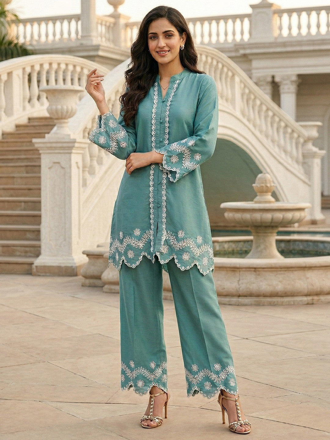 Turquoise Silk Blend Co-Ord Set with Straight Cut Top and Matching Bottom - Image 1