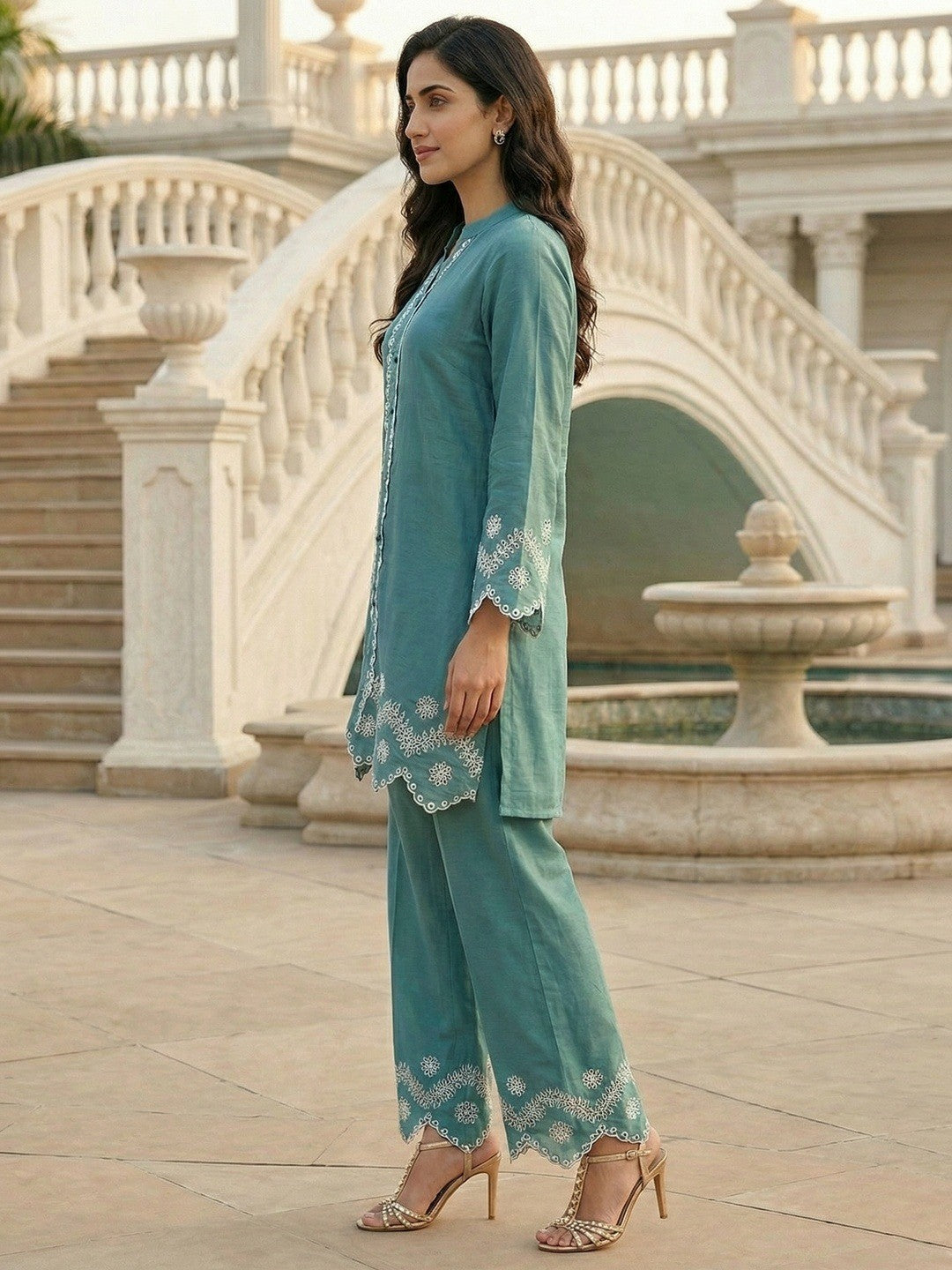 Turquoise Silk Blend Co-Ord Set with Straight Cut Top and Matching Bottom - Image 4