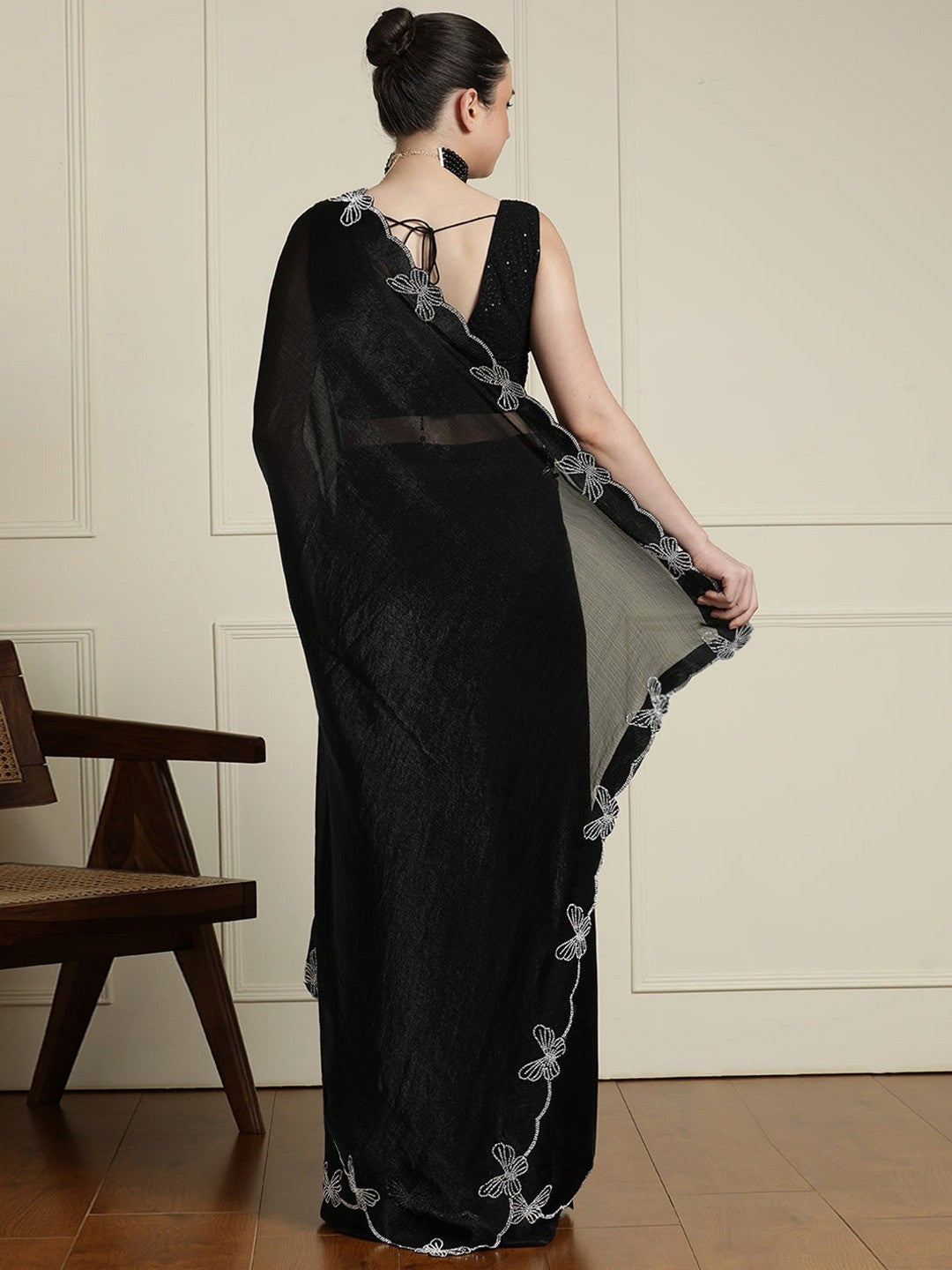 Elegant Black Satin Saree with Delicate Embellished Border - Image 3